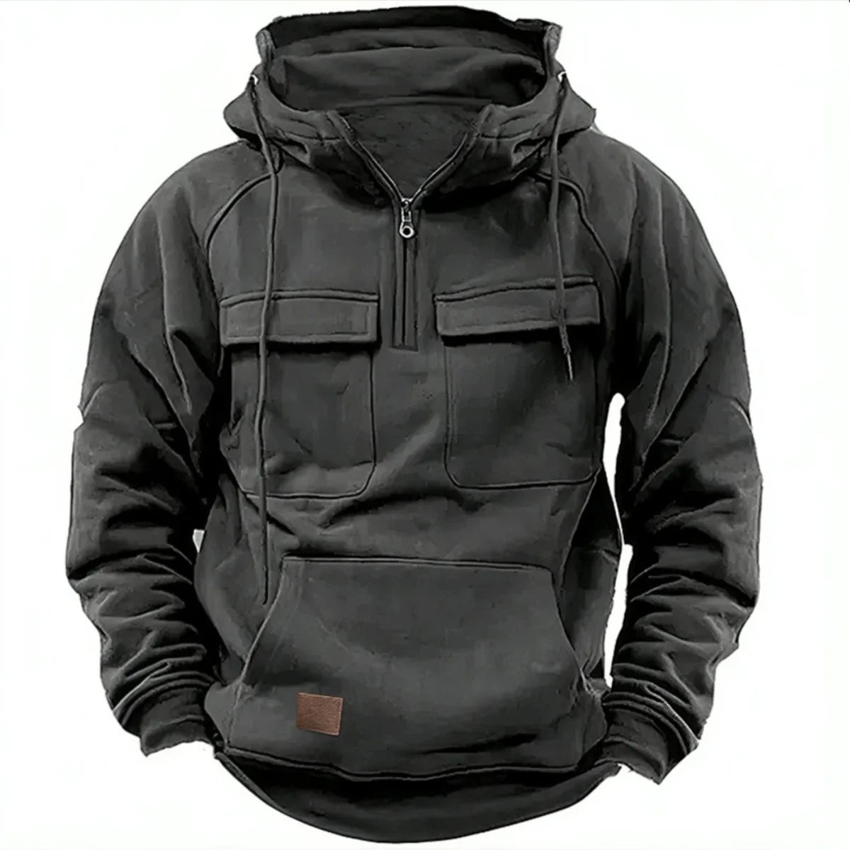 New autumn-winter men's hooded solid-color casual hoodie - fashionable young man's multi-pocket patch hoodie pullover shirt