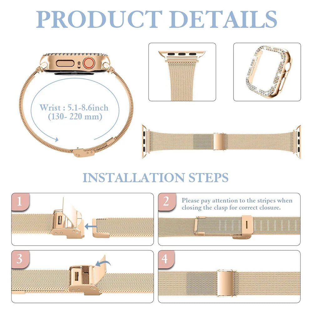Diamond 💎✨ Diamond Case + Metal Strap for Apple Watch – Luxury Combo!Case+Metal Strap For iWatch Band Ultra 2 Stainless Steel Bracelet For Apple Watch 9 8 7 45mm 44mm 40mm 41mm Series 6 5 4