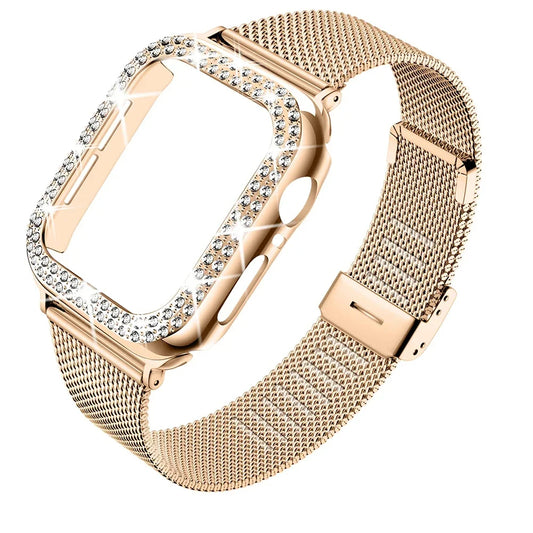 Diamond 💎✨ Diamond Case + Metal Strap for Apple Watch – Luxury Combo!Case+Metal Strap For iWatch Band Ultra 2 Stainless Steel Bracelet For Apple Watch 9 8 7 45mm 44mm 40mm 41mm Series 6 5 4