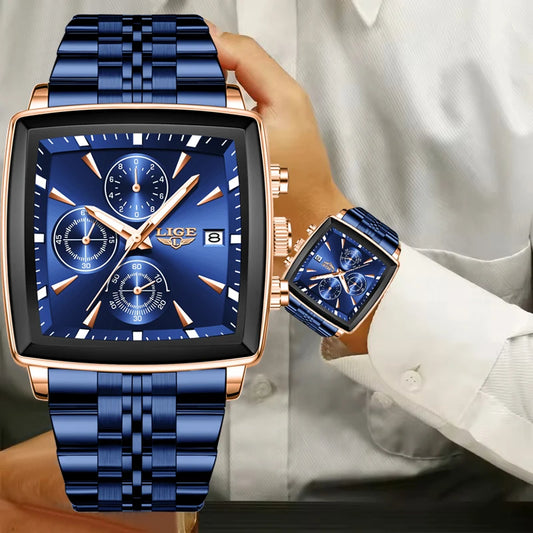 🔥 LIGE Luxury Men's Sports Watch ⌚ | Military Style 🪖 | Chronograph Quartz 🕒 | Waterproof 💧 | Square Dial 💼 | Top Brand 💯