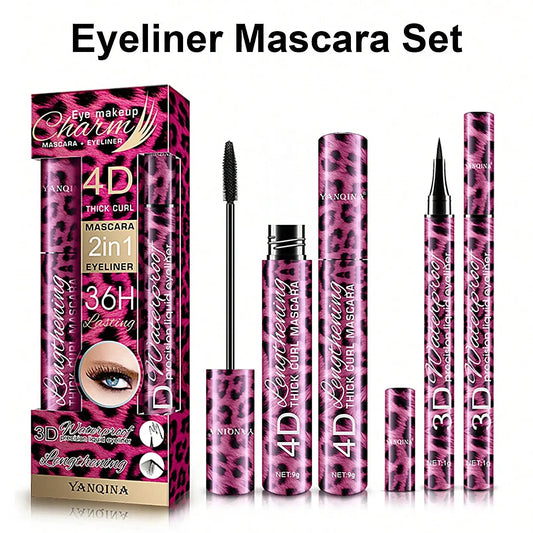 ✨ YANQINA 4D Waterproof Eyeliner & Mascara Set 💄 Curling Mascara + Eyebrow Pencil