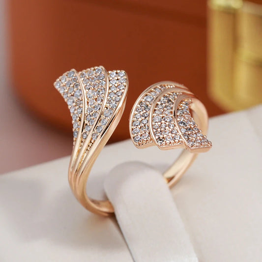 🌟 JULYDREAM Luxury Fan-Shaped Zircon Open Ring – 585 Gold Color 💛✨