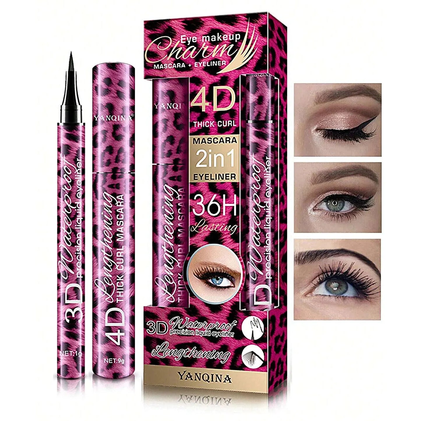 ✨ YANQINA 4D Waterproof Eyeliner & Mascara Set 💄 Curling Mascara + Eyebrow Pencil