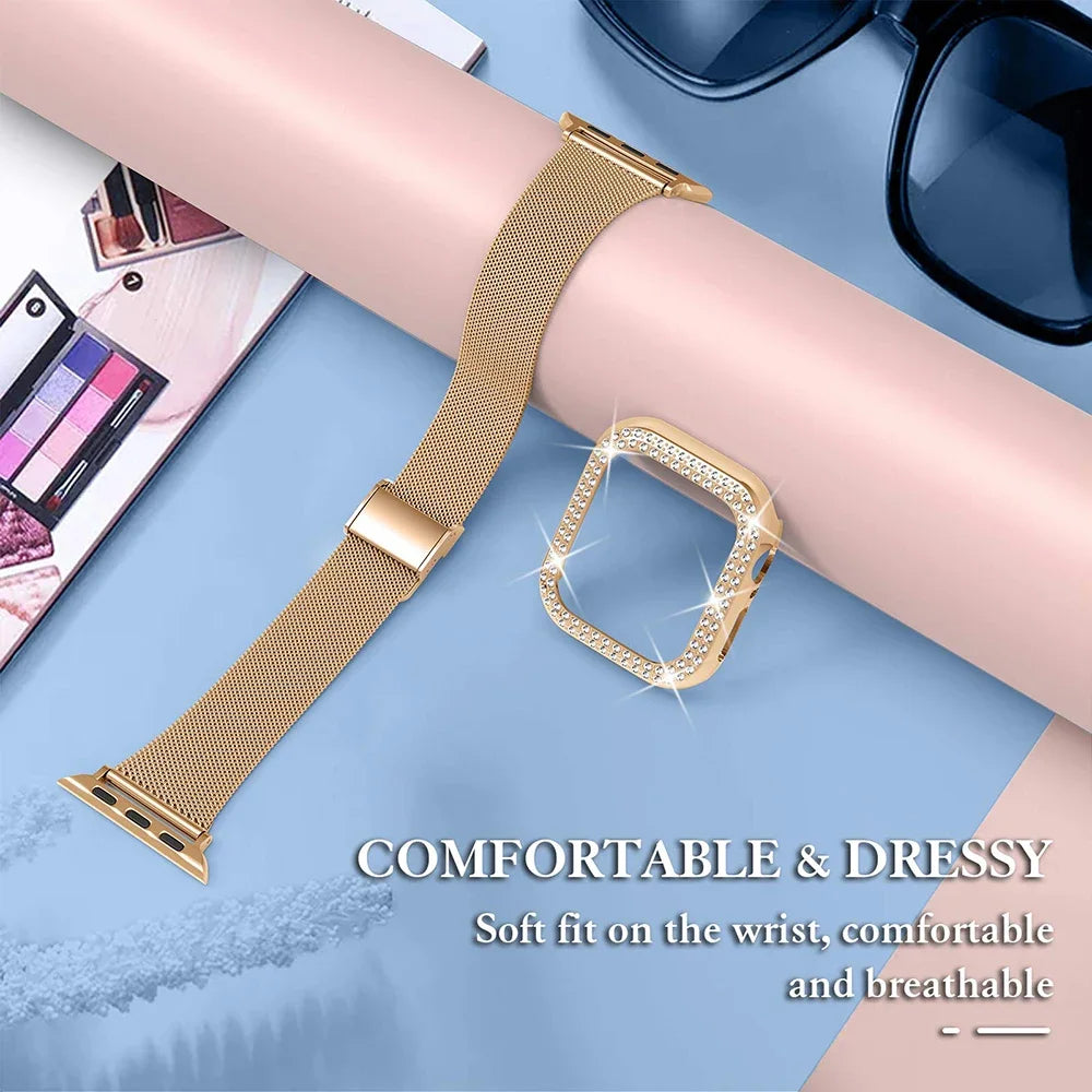 Diamond 💎✨ Diamond Case + Metal Strap for Apple Watch – Luxury Combo!Case+Metal Strap For iWatch Band Ultra 2 Stainless Steel Bracelet For Apple Watch 9 8 7 45mm 44mm 40mm 41mm Series 6 5 4