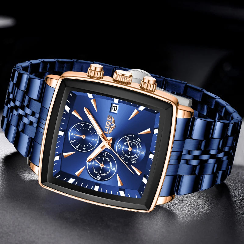 🔥 LIGE Luxury Men's Sports Watch ⌚ | Military Style 🪖 | Chronograph Quartz 🕒 | Waterproof 💧 | Square Dial 💼 | Top Brand 💯