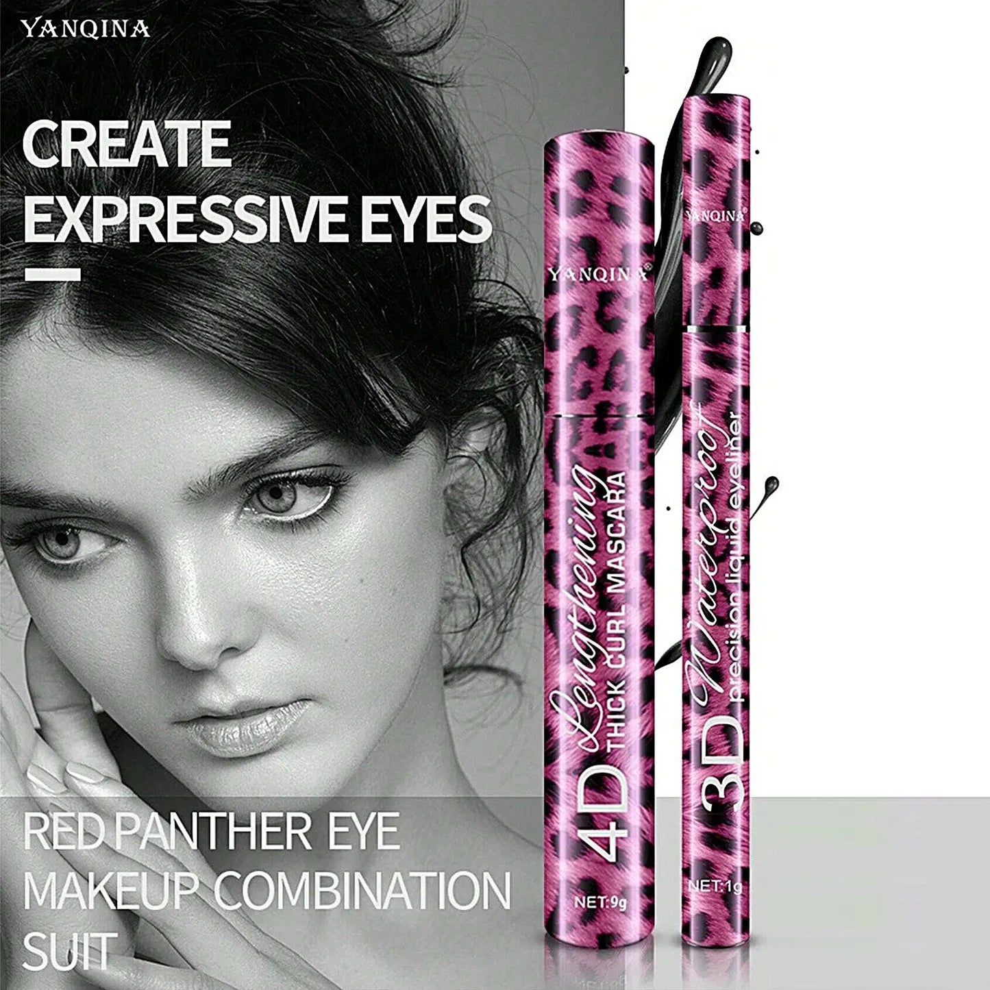 ✨ YANQINA 4D Waterproof Eyeliner & Mascara Set 💄 Curling Mascara + Eyebrow Pencil