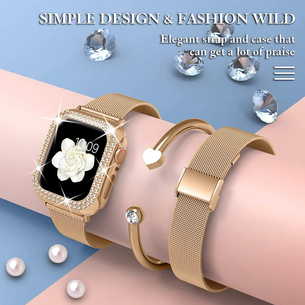 Diamond 💎✨ Diamond Case + Metal Strap for Apple Watch – Luxury Combo!Case+Metal Strap For iWatch Band Ultra 2 Stainless Steel Bracelet For Apple Watch 9 8 7 45mm 44mm 40mm 41mm Series 6 5 4