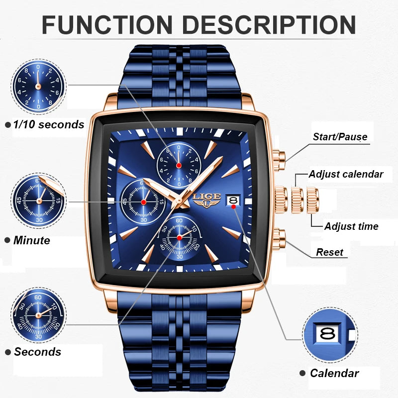 🔥 LIGE Luxury Men's Sports Watch ⌚ | Military Style 🪖 | Chronograph Quartz 🕒 | Waterproof 💧 | Square Dial 💼 | Top Brand 💯