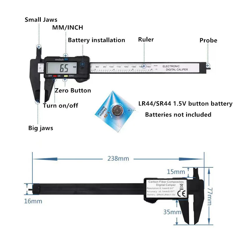 📏150mm/100mm Digital Caliper 📐 Carbon Fiber Vernier Gauge Micrometer Tool