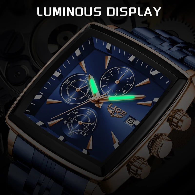 🔥 LIGE Luxury Men's Sports Watch ⌚ | Military Style 🪖 | Chronograph Quartz 🕒 | Waterproof 💧 | Square Dial 💼 | Top Brand 💯