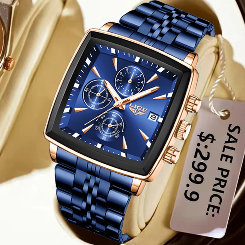 🔥 LIGE Luxury Men's Sports Watch ⌚ | Military Style 🪖 | Chronograph Quartz 🕒 | Waterproof 💧 | Square Dial 💼 | Top Brand 💯