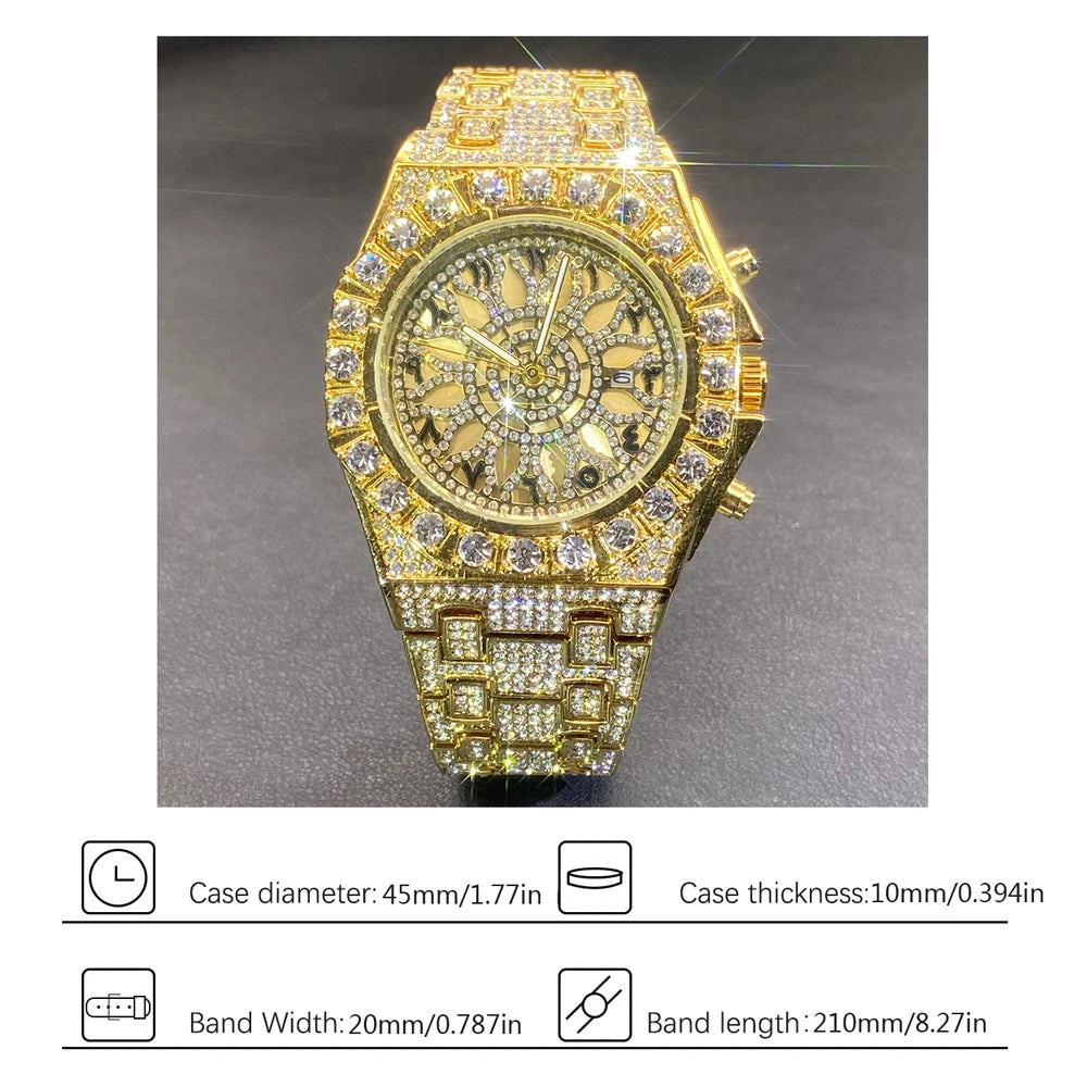 🕰️ Luxury Gold Men's Watch 💎 | Waterproof 💧 | Full Diamond Iced Out ✨ | Stainless Steel Bracelet 🔗 | Trendy Gift 🎁